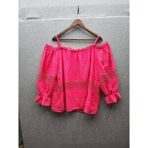 Womens Off-Shoulder Hot Pink Blouse With Lace Detailing & Ruffled Sleeves Size 1